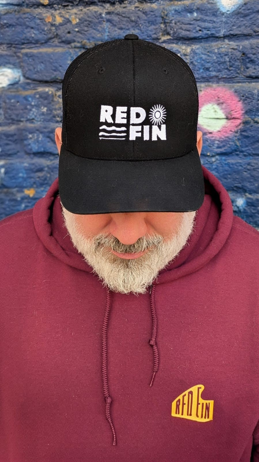 Red Fin Retro Trucker cap - White Logo on Black